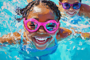 Fototapeta premium An exuberant Black girl with vibrant pink goggles swims energetically in the clear blue water. She beams at her parents, who are cheering her on from the edge of the pool, encapsulating the pure joy