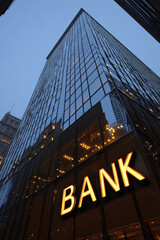 An avant-garde skyscraper rises against the skyline, its mirror glass facade perfectly reflecting the dynamic urban landscape. The illuminated "BANK" signage enhances the futuristic vibe, capturing