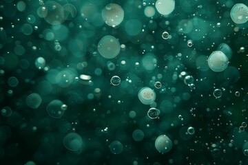Abstract background with bubbles in a green color on dark water, the bubbles floating up suitable for a design, banner, poster, or presentation. Oil, water drops, water ripples, and a light effect