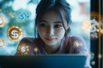 A young adult Japanese woman beams with pride as she looks at her laptop screen, with virtual coins and money symbols glowing around her, representing her newfound financial freedom through online