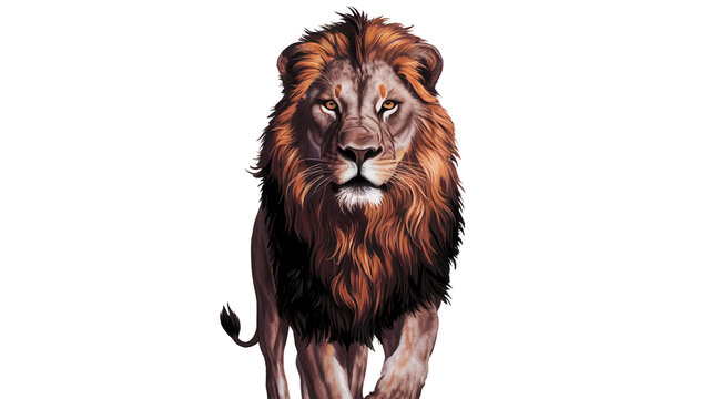 angry lion showing its fangs on white background. 