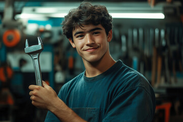A young Brazilian male technician holds a wrench with a confident grin, standing in a workshop filled with tools. His energy and enthusiasm shine through, embodying the spirit of innovation and