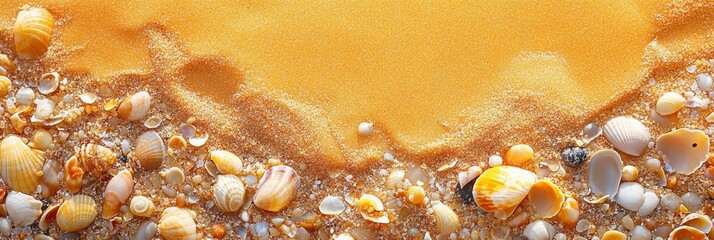 Golden beach sand with tiny shells and pebbles, intricate textures and colors create a vibrant...