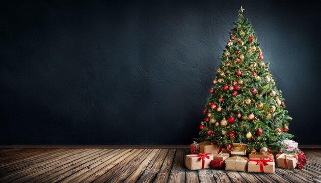 Sch&ouml;n geschm&uuml;ckter Weihnachtsbaum umgeben von zahlreichen Geschenken vor einer dunklen Wand. Platz f&uuml;r Text.