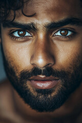 Obraz premium A surprised man with rich brown eyes, framed by a stylish beard, stares intently at the camera. The close-up captures the details of his expression and the softness of his skin, creating an inviting
