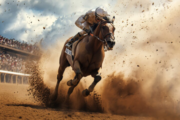 A thrilling horse race scene capturing the moment a jockey pulls ahead at the finish line, with a flurry of dust and excitement. The crowd in the background erupts in cheers as the winning horse