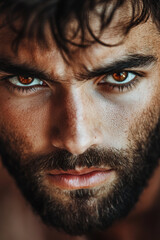 Obraz premium A surprised man with rich brown eyes, framed by a stylish beard, stares intently at the camera. The close-up captures the details of his expression and the softness of his skin, creating an inviting