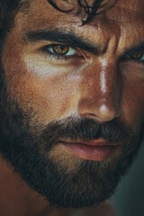 A surprised man with rich brown eyes, framed by a stylish beard, stares intently at the camera. The close-up captures the details of his expression and the softness of his skin, creating an inviting