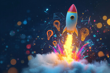 A stylized rocket launches from a tower of creative symbols like lightbulbs and graphs. The rocketâ€™s ascent creates vibrant, abstract trails, symbolizing the journey of a start-up idea gaining