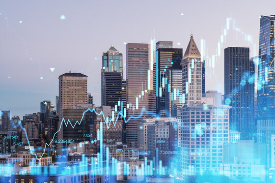 Financial chart overlaying a city skyline at dusk.