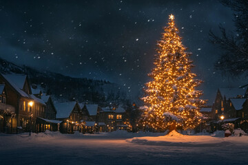 A snow-covered Christmas tree glowing with warm lights stands in the center of a small town square at night. The tree lights up the quiet night, with a backdrop of stars twinkling in the cold winter