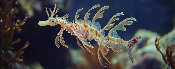 A beautiful close-up of the Leafy Seadragon (Phycodurus eques), gracefully moving through an underwater habitat
