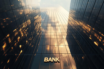 A sleek, futuristic skyscraper is mirrored in a reflective glass surface, creating an intriguing visual effect. The word "BANK" is elegantly displayed at the base, embodying the synergy of modern