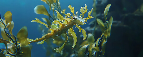 Naklejka premium A beautiful close-up of the Leafy Seadragon (Phycodurus eques), gracefully moving through an underwater habitat