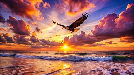 Obraz premium A Majestic Bird Soaring Above the Golden Horizon as Waves Crash Gently on the Shoreline