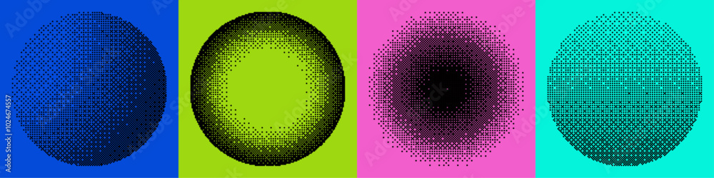 Poster Retro futuristic bitmap backgrounds set. Retro halftone vignette effect design banner in trendy y2k style. Vector pattern