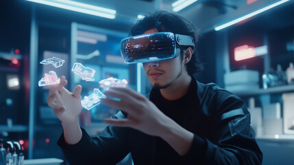 A man is wearing a virtual reality headset and pointing at a screen. Concept of excitement and wonder as the man explores the virtual world