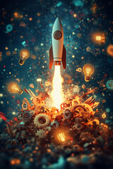Fototapeta premium A rocket is seen launching from a pile of floating concept icons like lightbulbs, gears, and arrows, with swirling abstract shapes in the background, symbolizing the powerful launch of a start-up