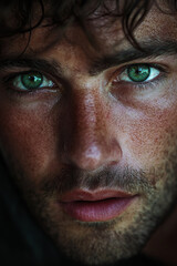 Obraz premium A portrait of a man with intense green eyes, his face illuminated by soft natural light. The surprise in his expression, combined with the close-up focus, creates an impactful image that captures