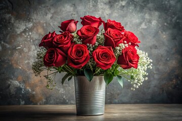 Fototapeta premium still life photo of red and white flowers bouquet in gray vase on gray background