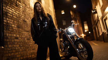 A woman stands in front of a motorcycle in a city street. Concept of urban life and adventure, as the woman is dressed in black and poses for the camera in front of the motorcycle