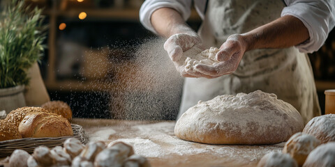 A baker spreading flour on a wooden surface, preparing dough for baking in a cozy bakery.