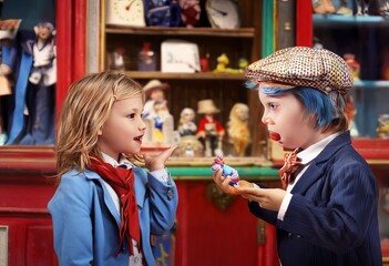 two children marveling at a magic trick performed by a toy shop