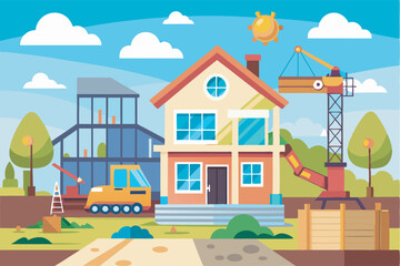 Vibrant cartoon of a construction site building country houses, with cranes, tractor, and lively atmosphere. Represents progress and community development.