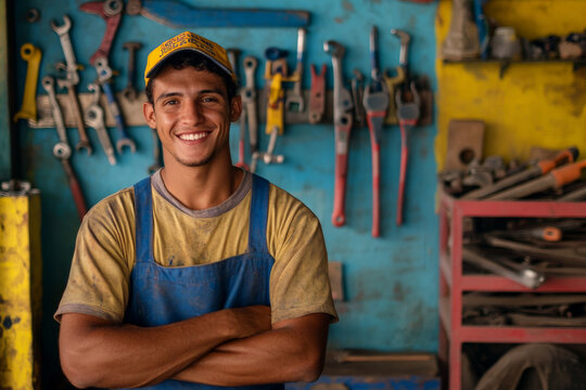 A joyful young Brazilian technician with a wrench in hand poses in a colorful workshop. His approachable smile and enthusiasm for his work create a positive impression, highlighting his dedication to