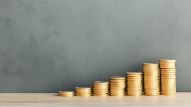 Stack of gold coins on wooden surface against grey background.