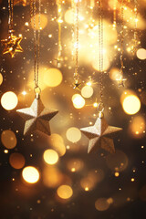 A glowing golden background with multiple star-shaped lights hanging softly. The scene is enriched with a bokeh effect, where large and small circles of light shimmer and blend into the background,