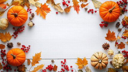 Obraz premium Top View of Autumn Maple Leaves Pumpkins and Red Berries on White Wooden Background