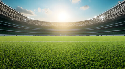 Fototapeta premium Wide-angle view of an empty football stadium with sunlight and green field