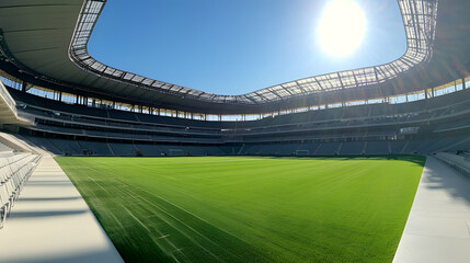 Wide-angle view of an empty football stadium with sunlight and green field