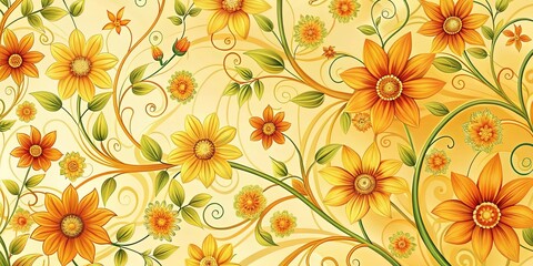 A delicate dance of swirling vines and vibrant, golden flowers, creating a whimsical and intricate floral pattern.