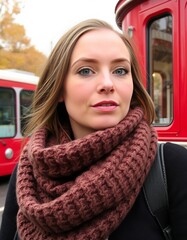 Autumn Vibes The woman wears a cozy scarf her cheeks slightly fl