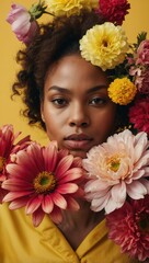 Portrait of woman holding vibrant flowers, neutral expression, light yellow background