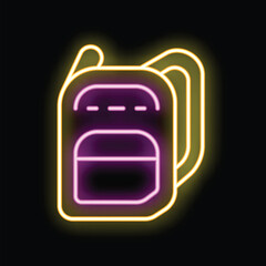 Obraz premium Glowing neon line school backpack icon isolated on black background, vector illustration