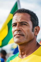 A determined Brazilian man in his forties waits at the starting line, showcasing his vibrant sports attire. His focused expression captures the essence of determination, while the colorful flags