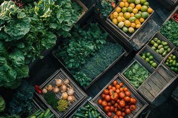 An overhead view of a variety of fresh produce in wooden crates.