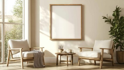 Two Armchairs, a Coffee Table, a Blank Frame, and a Plant in a Living Room