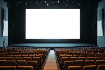 A darkened theater with empty seats facing a large screen.