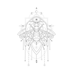 Vector illustration with hand drawn wasp and Sacred symbol on white background. Abstract mystic sign. Black linear shape.