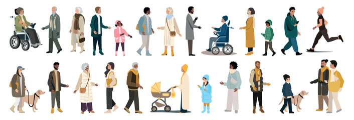 People of different ages and nationalities on a walk in winter . Families with children, old and young couples, mothers with children, athletes, friends together. Big vector set of active people.