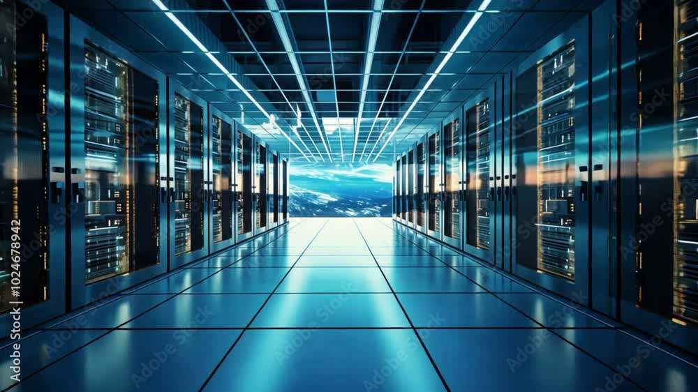 Poster a large room with many computer servers and a window. the room is very bright and spacious. the serv