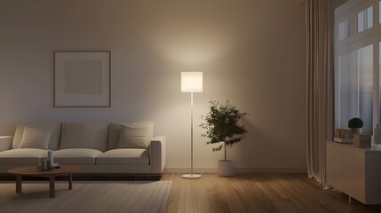 Fototapeta premium Minimalist Living Room at Night with Wooden Floors – Modern Interior Design and Cozy Ambiance
