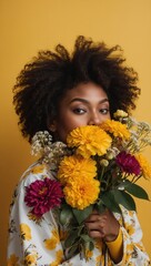 Naklejka premium Portrait of young adult holding vibrant flowers, colorful background, neutral expression