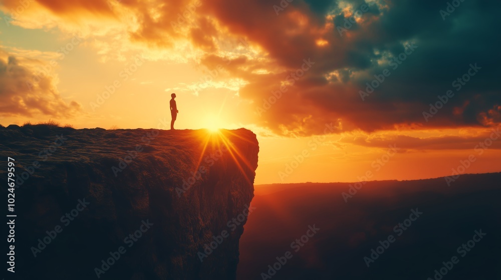 Wall mural A silhouette of a person standing on a cliff edge during a vibrant sunset against a dramatic sky with clouds