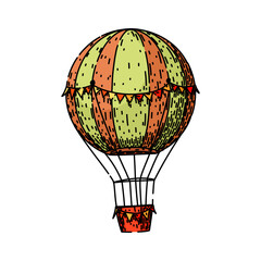 borne hot air balloon hand drawn. basket altitude, sunrise sunset, scenic festival borne hot air balloon vector sketch. isolated color illustration