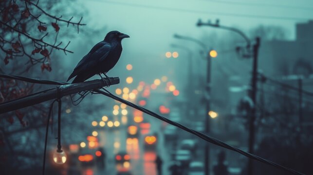 Crow on telephone wire, observing bustling street scene, urban life intertwined with nature, a moment of stillness amidst chaos